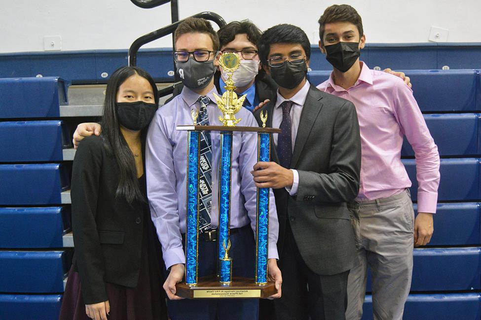 First place sweepstakes winners, the biggest first place award of the event. These mathletes  are all seniors at American Heritage High School Broward. From left to right: Nicolas Fernandez-Baigun, Saathvik Selvan, Corbin Diaz, Jake Buchsbaum, and Christina Zhang.