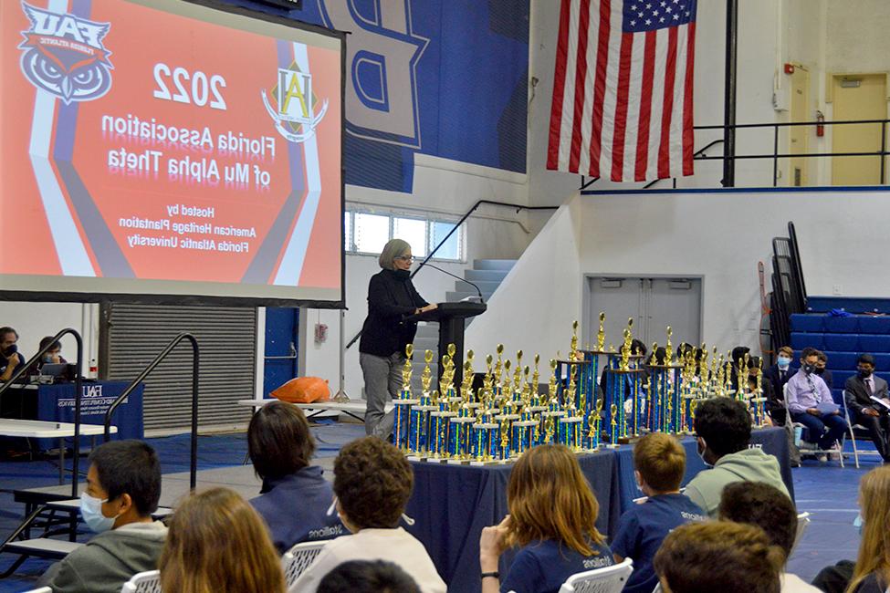 Dr. Teresa Wilcox, Interim Dean of the Charles E. Schmidt College of Science, welcomes and addresses over 700 middle and high school students during Saturday’s Mu Alpha Theta mathematics competition Awards ceremony at FAU Davie.